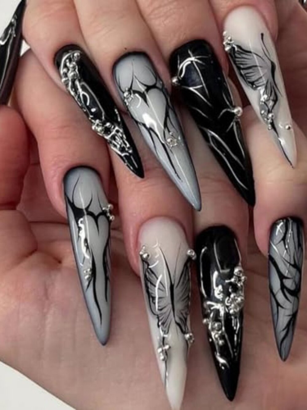 New - Press on Nails - Long Stiletto Glue on Nails with Goth Black